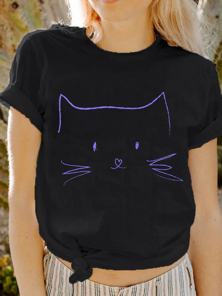 Купи Girl Kawaii T-shirt Harajuku Graphic Print Cat Meow Tshirt Printed Funny T-shirts Woman Fashion Tee Shirt Femme For Women Summer за 187 рублей в магазине AliExpress