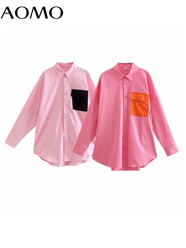 

AOMO Women Vintage Color Block Cotton Shirt Long Sleeve 2022 Chic Female High Street Loose Shirt QJ36A