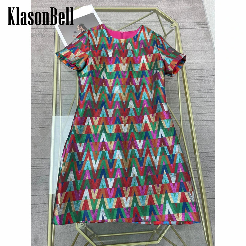

4.9 KlasonBell Vintage Jacquard Letter Geometric Pattern Short Sleeve Fashion Luxury A-Line Dress Women