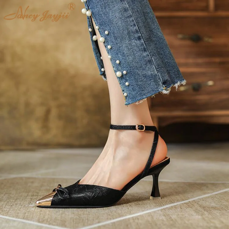 

Nancyjayjii, черные металлические остроносые женские каблуки, благородный бант, ремешок с пряжкой, тонкие женские туфли-лодочки, офисная обувь, в...