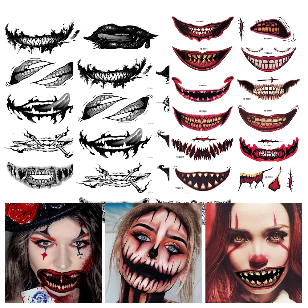 

Halloween Temporary Tattoo Stickers Waterproof Horror Lips DIY Stickers Big Mouth Fake Tattoos Scar Special Facial Funny Makeup