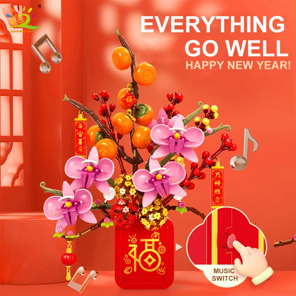 

HUIQIBAO 908Pcs Chinese New Year Orchid Potted Plants Model Building Blocks Set City Children DIY Spring Festival Bricks Toys