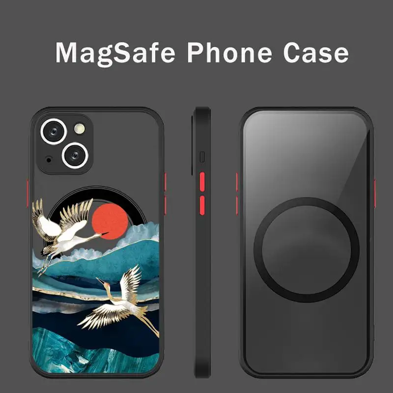 

Chinese Style Red-Crowned Crane Phone Case For iPhone 13 12 Mini Pro Max Matte transparent Super Magnetic MagSafe Cover