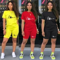 women two piece set 2022 summer tracksuit fitness t shirts and shorts set solid color short sleeve top tees female suits