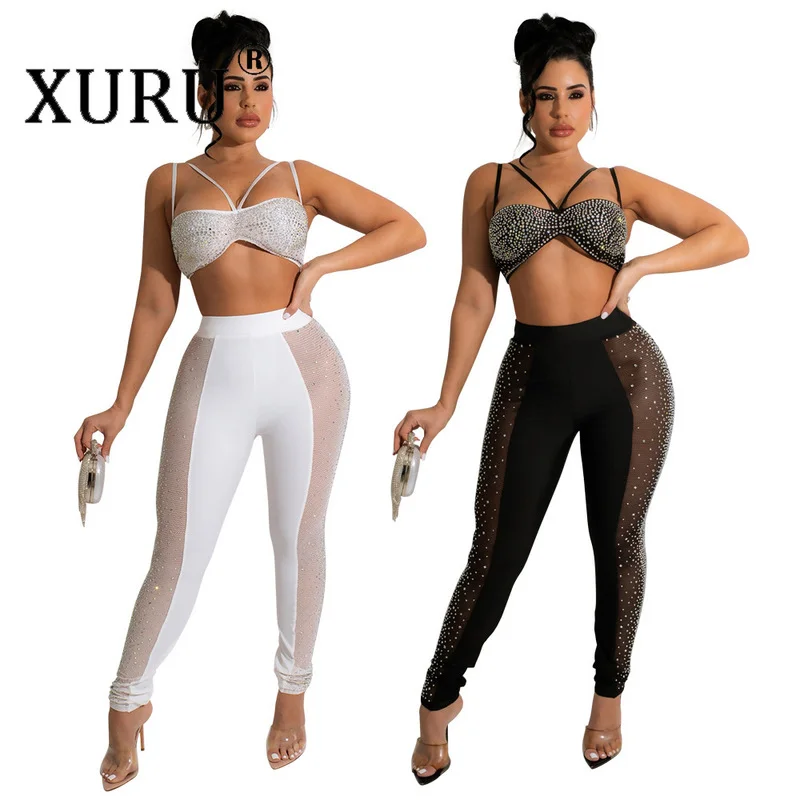 

XURU Sexy Trousers Suit Suspenders Wrap Chest Leak Back Tight-fitting Slim Nightclub Trousers Suit Two-piece