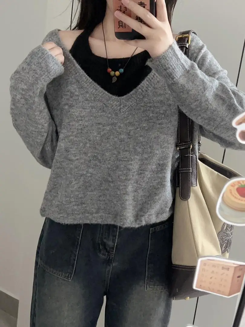 Американский винтажный свитер с v-образным вырезом искусственный из двух