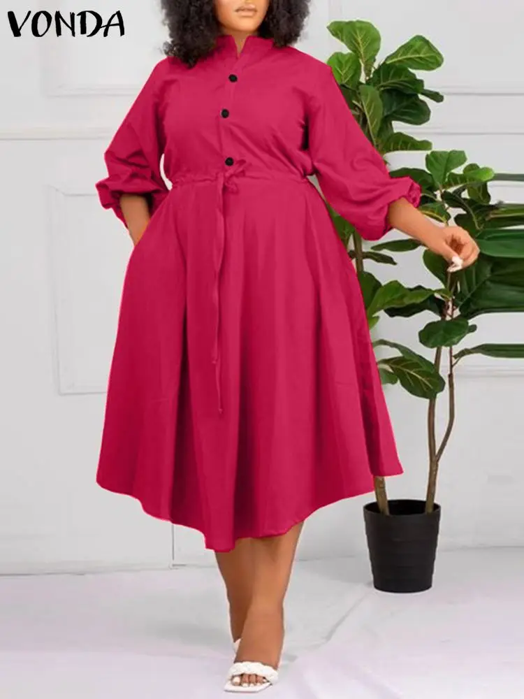 

Autumn Office Shirt Dress 2023 VONDA Ladies Midi Sundress Women Casual Long Puff Sleeve Button Waist Drawstring Party Dress