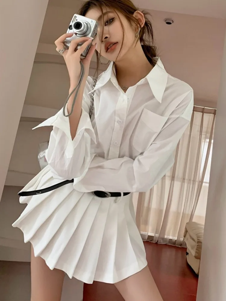 Женский комплект из двух предметов Y2K белая плиссированная мини-юбка с длинным