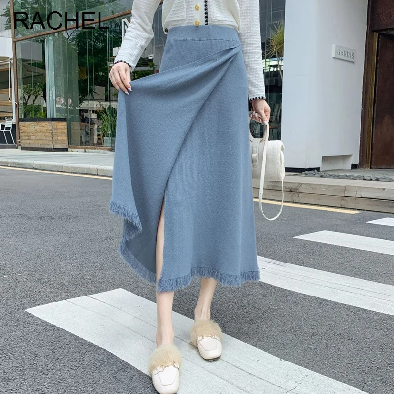 

Женская трикотажная юбка средней длины, сезон осень-зима 2021, шерстяная юбка А-силуэта с высокой талией и разрезом, корейский стиль, зонтик с ...