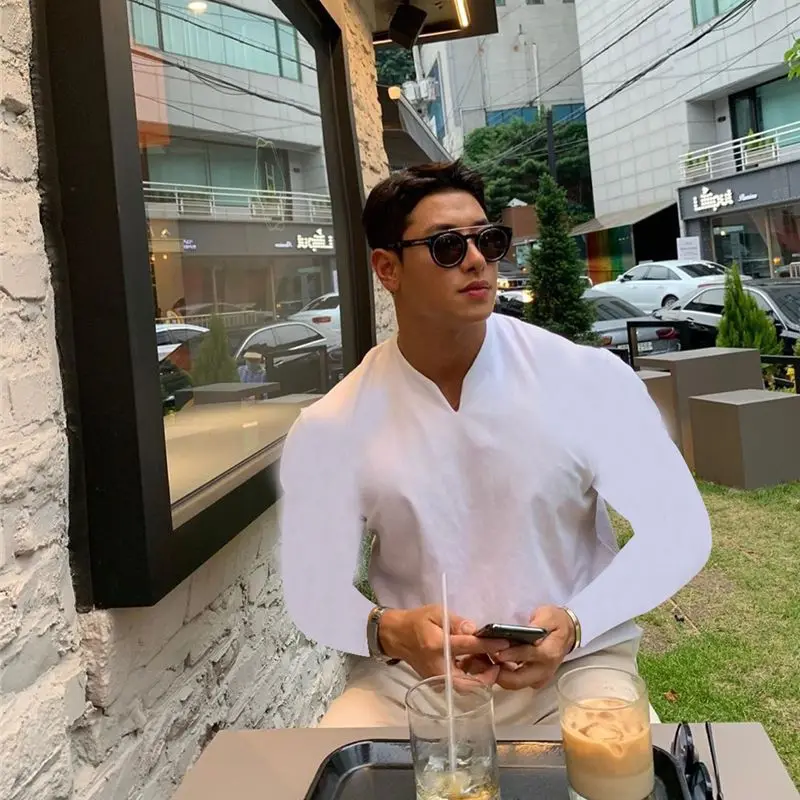 

Футболка мужская с V-образным вырезом, модная тенниска из хлопка с длинными рукавами, майка для фитнеса и спортзала, бодибилдинга, лето