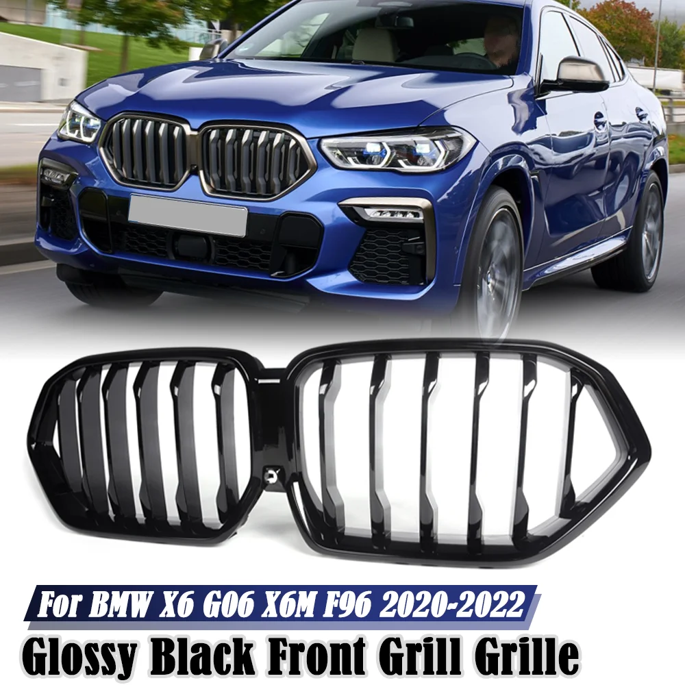 

Glossy Black Front Bumper Kidney Hood Grille For BMW X6 G06 X6M F96 2020 - 2022 Single Slat Line Racing Grills Car Accessories