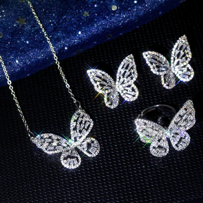 

Big Butterfly Zircon 3 Piece Set Earrings + Necklace + Ring Black White Gold Jewelry High Quality Jewelry Set with Shiny Zircons