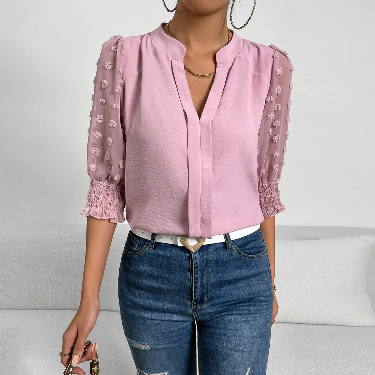 

Summer Women V-neck Pure Color Patchwork Hook Flower Shirt Temperament Casual Short Sleeve Tops Women Clothing