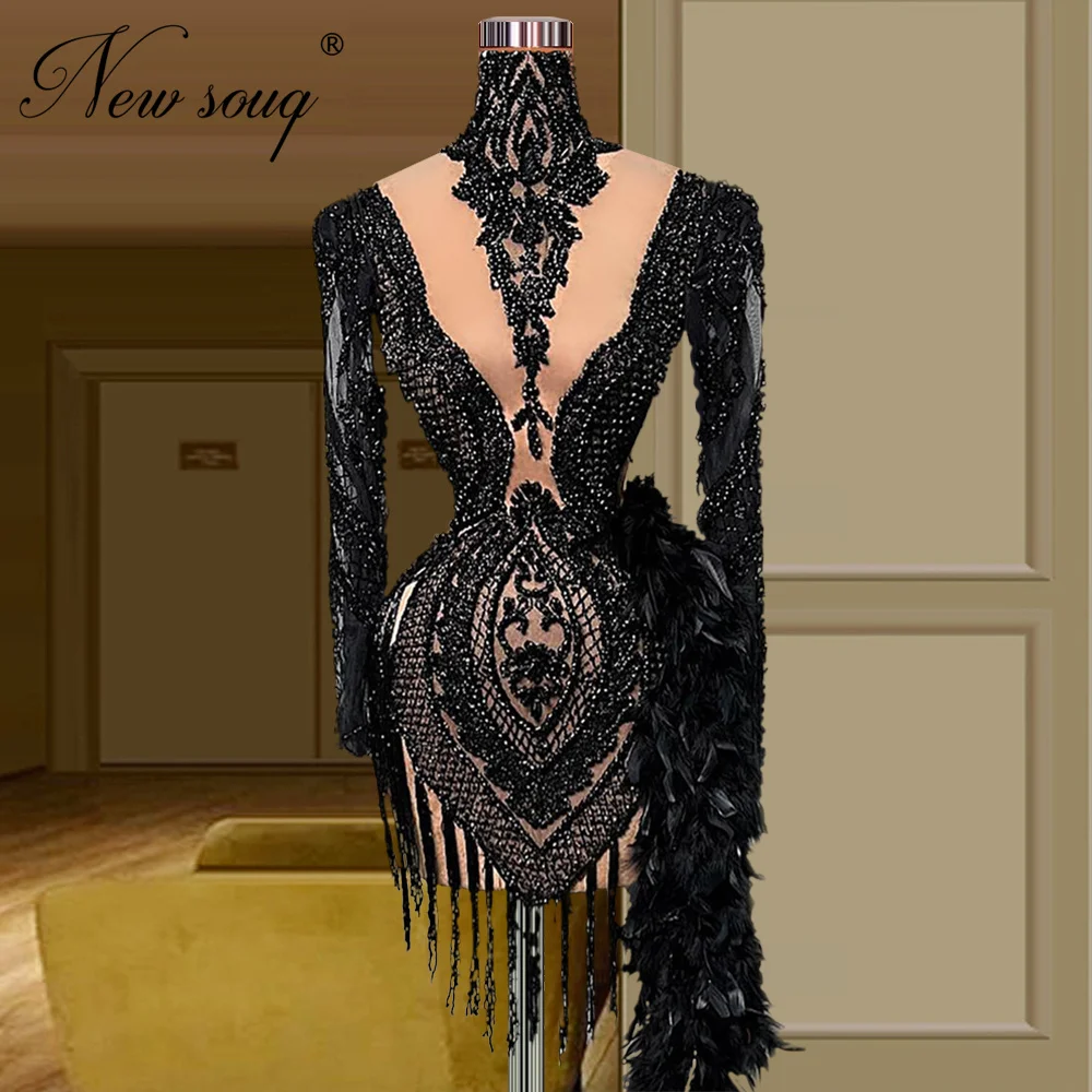 

Black Beading Formal Cocktail Dresses Sexy Illusion Long Feathers Train Prom Party Dress 2023 Robes De Soiree Women Evening Gown