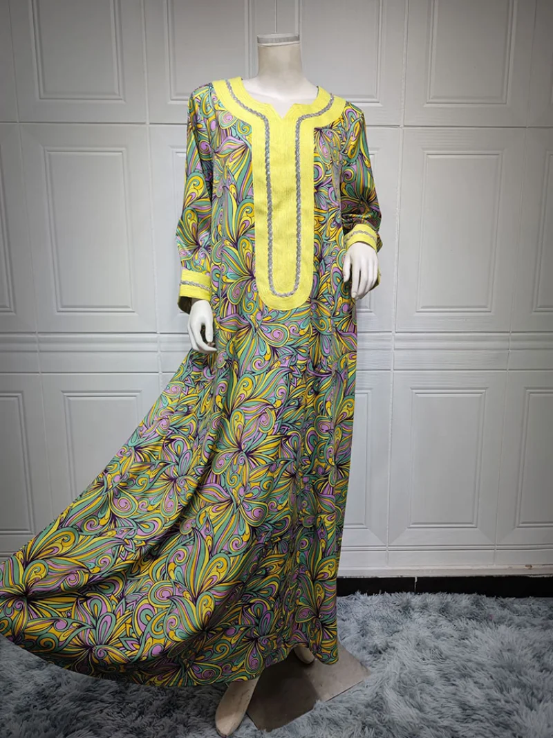 Printed Abaya Arabic Long Dress for Women Diamonds Loose Muslim Moroccan Kaftan Gulf Jalabiya Evening Gowns Ramadan Eid Dresses