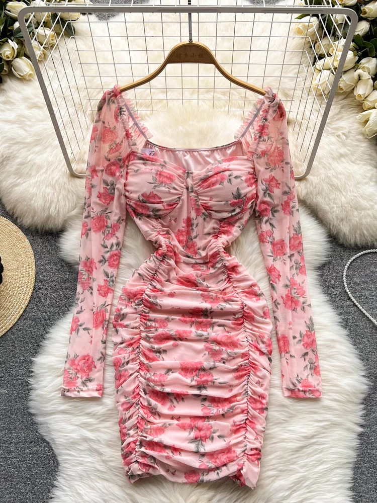 

Summer Sexy Package Hip Mini Dress Women's Pleated French Summer New Pattern Floral Short-sleeved Strapless Lace Dress Trendy