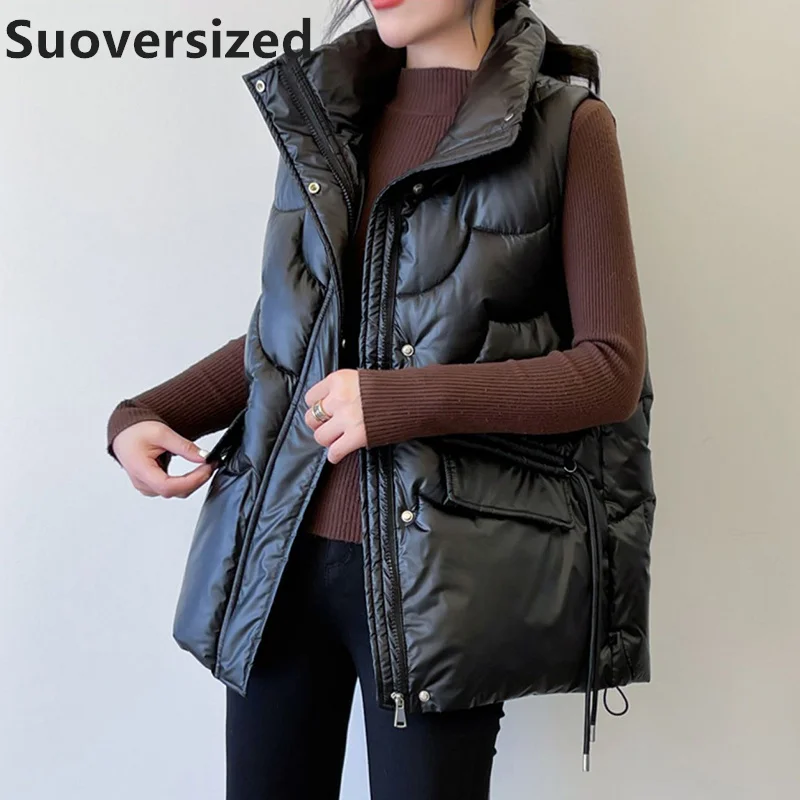 

Glossy Thick Down Cotton Vests For Women Winter Warm Elegantes Sleeveless Overcoat Korean Casual Windproof Puffy Waistcoat