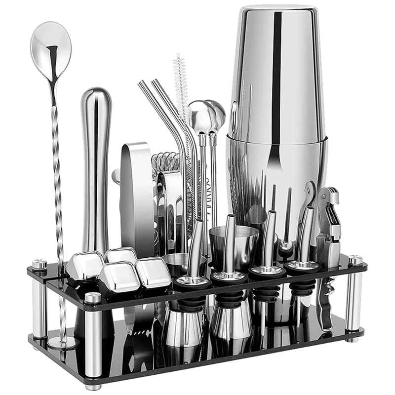 Hot Cocktail Shaker Set, Boston Stainless Steel Bartender Kit With Acrylic Stand & Cocktail Recipes Booklet