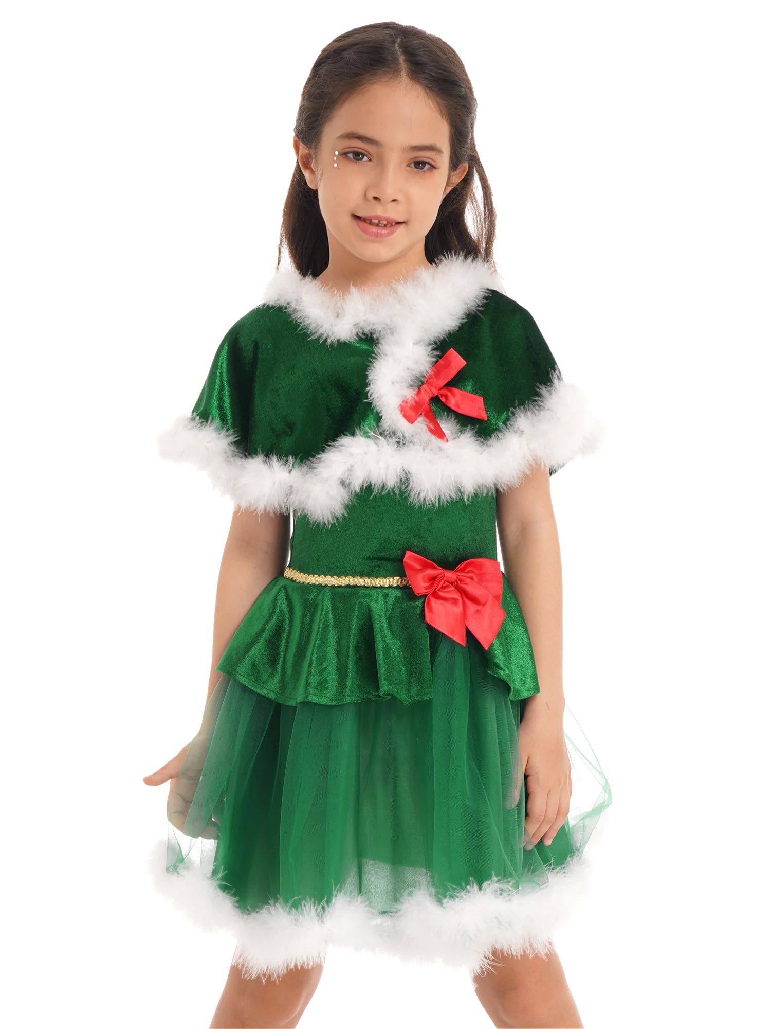 

Детский Рождественский костюм для девочек, танцевальное платье Санта-Клауса, белый бант с пером, бархатное Тюлевое лоскутное платье-пачка и...