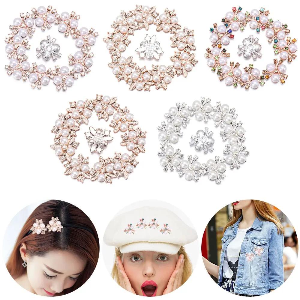 

10PCS Apparel Sewing Sparkling Flower-shaped Crystal Rhinestone Buttons Pearl Hairpins Pearl Button Headwear Clip