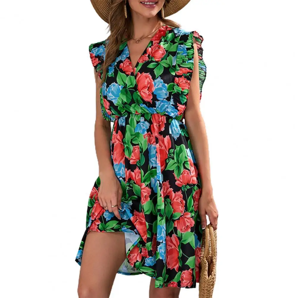 

Short Dress Flounce V Neck Sleeveless Bohemian Flower Print Casual Summer Dress for Daily Wear