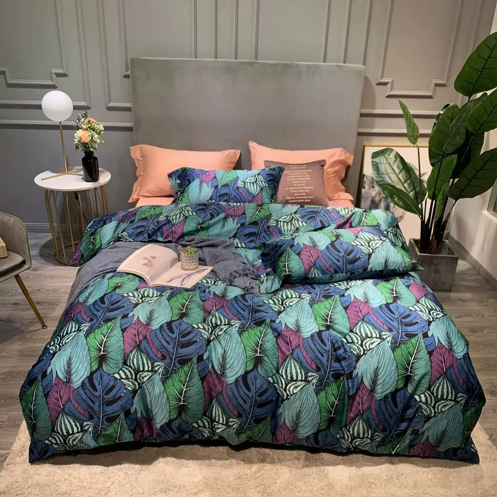 

Svetanya Blue Green Pastoral Palm Leaves Egyptian Cotton Bedding Set Printed Linens Europe Queen King Size Fitted Sheet