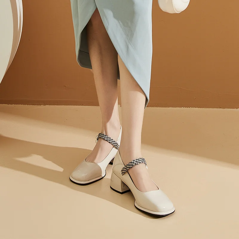 Autuspin 5cm High Heels Pumps for Women 2023 Spring Autumn Fashion Square Toe Basic Mary Janes Shoes Woman Trendy Casual Size 39