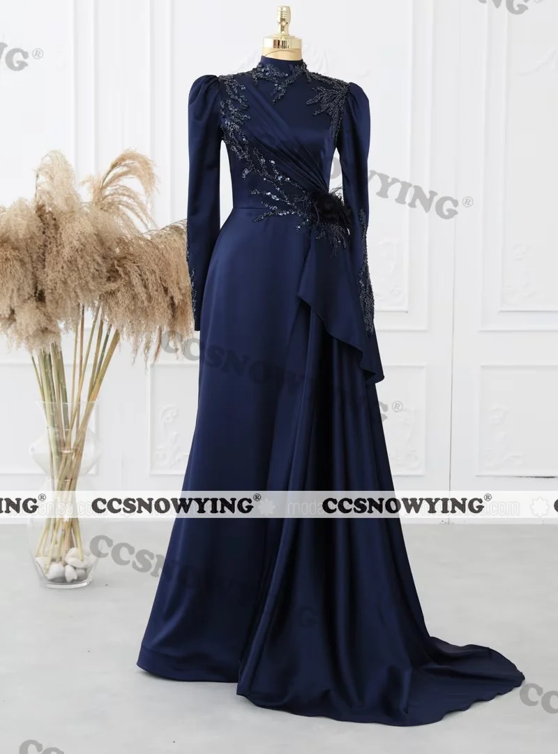 

Luxury Appliques Beaded Muslim Evening Dresses Long Sleeve Islamic Formal Party Gowns High Neck Women Arabic Robes De Soirée