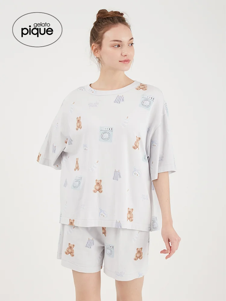 Room Wear Gelato Pique Summer New Women's Pajamas Antibacterial Refreshing Bear Short Sleeve T-shirt Sleep