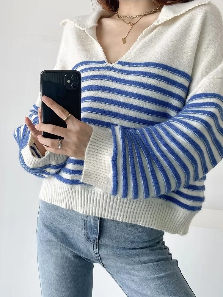 

New Autumn Women Lapel Collar Striped Knit Sweater Vintage Long Sleeve Female Loose Pullover Tops