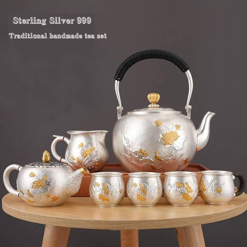 

999 sterling silver handmade tea set Japanese retro teapot kettle teacup home office tea ceremony Kungfu tea set 1300ml
