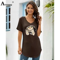 ladies vintage fashion t shirt short sleeve women casual loose v neck tops 2022 england style digital cat print tees clothing