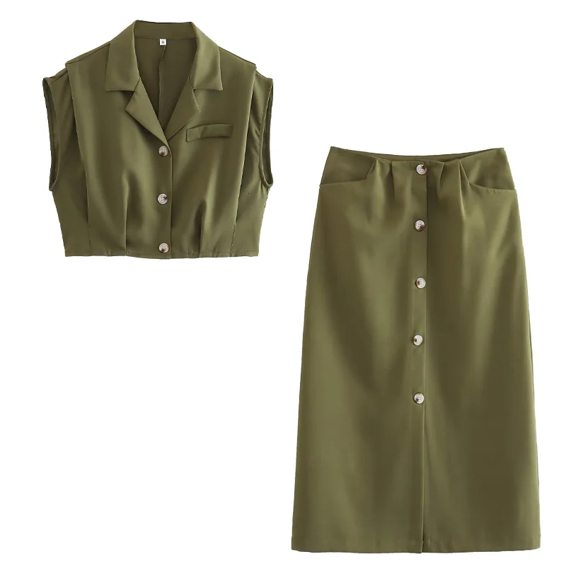 

ArmyGreen Crop Vest and Midi Skirt Women Fashion Chic Lady High Street Cropped Waistcoat Skirt Set Female 2023 New