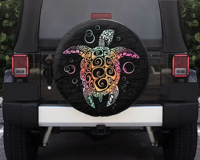 

Tribal Colorful Sea Turtle Hawaiian Spare Tire Cover, Hawaiian Turtle Jeep Spare Tire Cover For Jeep, Turtle lover, Backup Camer