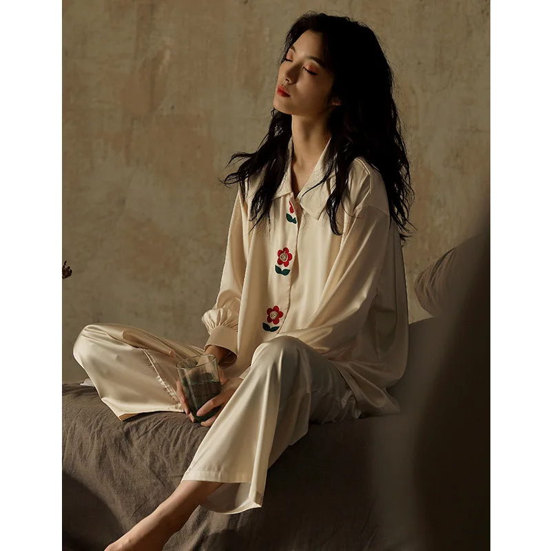 Flower Decorated Designer Pajamas Set Two Pieces Spring Autumn Pyjamas For Female Satin Silk PJ Set Sleepwear Home Wear Set
