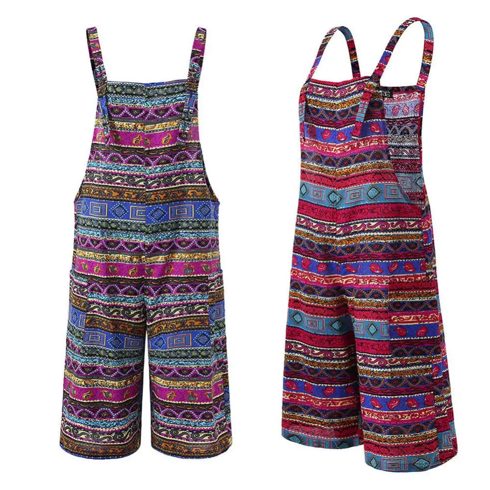 

Boho style Women Wide Leg Jumpsuits Retro Sleeveless Striped Pockets Bib Overall Jumpsuits Pants women female
