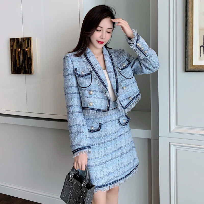 

Fahsion Woolen Tweed Two Piece Set Women Clothing Autumn Winter Small Fragrance Temperrament Office Lady Tassel Skirt Suits