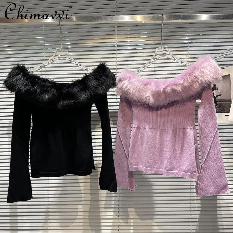 

Winter Clothes New Fashion Off-Shoulder Fur Collar Elegant Pullover Sweater Socialite Slim-Fit Women's Knitted Top All-Matching