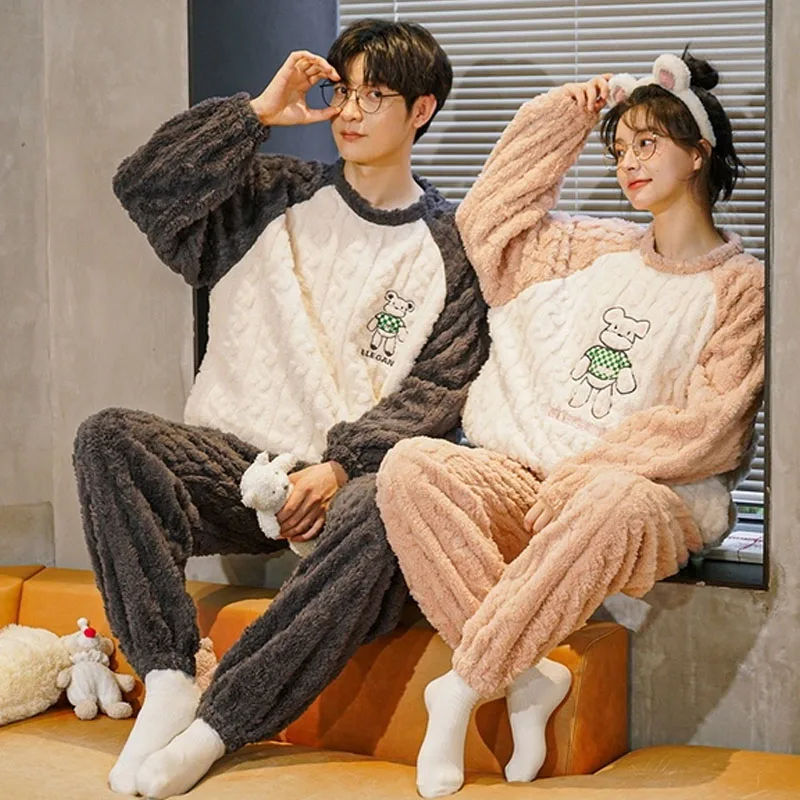 QUHENG 2022 Flannel Men Pajamas for Suit Women Autumn Winter Long Sleeved Thick Warm Sleepwear Couple Casual Home  Clothing