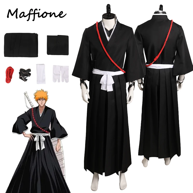 

Anime BLEACH Kurosaki Ichigo Cosplay Men Costume Kimono Outfits Black Coat Pants Gold Wigs Set Halloween Carnival Party Suit