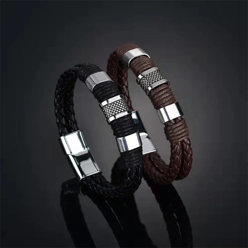 Vintage Genuine Leather Bracelet for Men Handmade Woven Bracelet Magnetic Clasp Wrap Bracelet Homme Hand Jewelry Accessories New