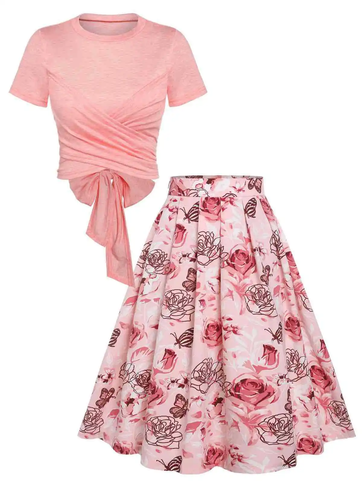 

Women's Skirt Set 2023 Summer Fashion Casual Round Neck Short Sleeve Top and Casual Floral Print Midi Skirt Set Elegant Dress