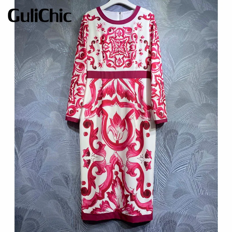 7.6 GuliChic Women Elegant Temperament Fashion Contrast Color Print O-Neck Long Sleeve High Waist Slim Dress
