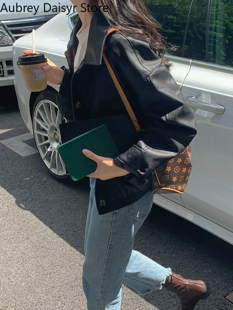 Korean Chic Black Leather Jacket Women Streetwear Vintage Solid Thin Single Breasted Coats Cropped Moto Biker Faux Leather Coat