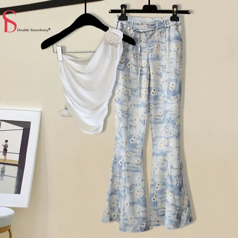 

Женский летний комплект из 2 предметов, топ с косым плечом и 3D цветочным рисунком и повседневные брюки Micro Rage