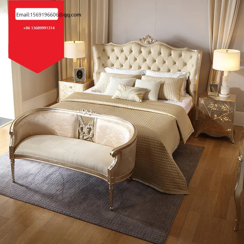 

French luxury solid wood carved bed bedroom European-style leather 1.8m double bed wedding bed high-end furniture E6