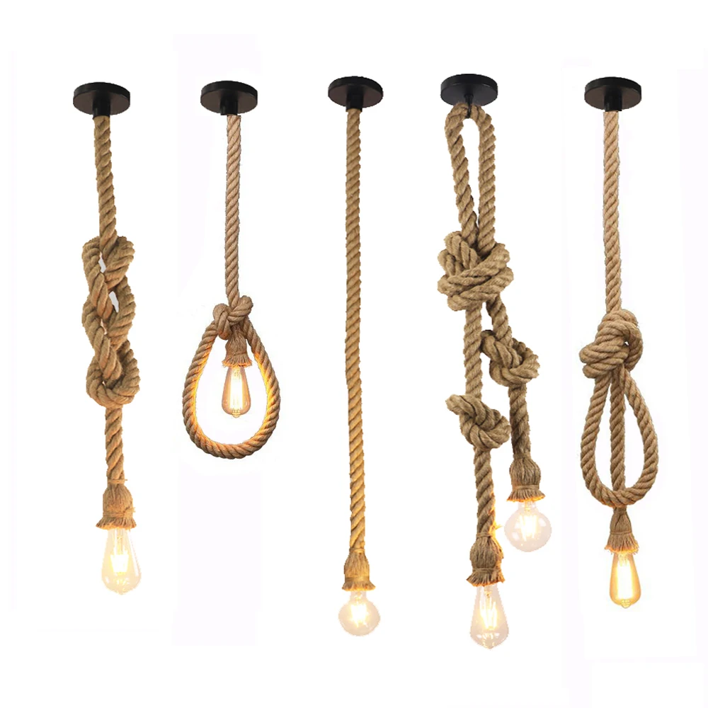 

Retro Vintage Hemp Rope Pendant Light American Industrial Hanging Lamps Creative Loft Country Style Ceiling Lamps E27 Edison LED