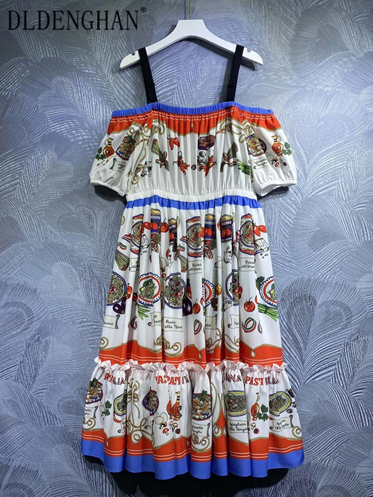 

DLDENGHAN Women Dress Spaghetti Strap Puff Sleeve Elastic Waist Beach Vacation Print Dresses Fashion Designer Summer New