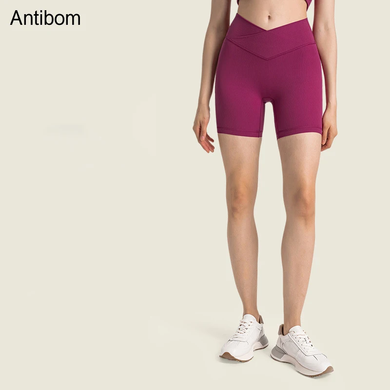 

Antibom Rib Cross Waist Yoga Shorts Covering the Abdomen and Lifting the Hips Running Fitness Sports Tripartite Pants for Women