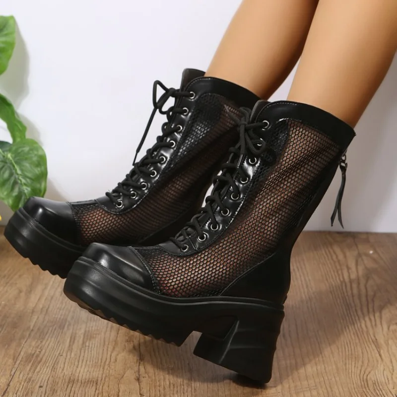 

2023 женские сетчатые ботинки на высоком блочном каблуке с перекрестной шнуровкой, средней длины, Европейский стиль, летняя сексуальная обувь на платформе в готическом стиле-панк